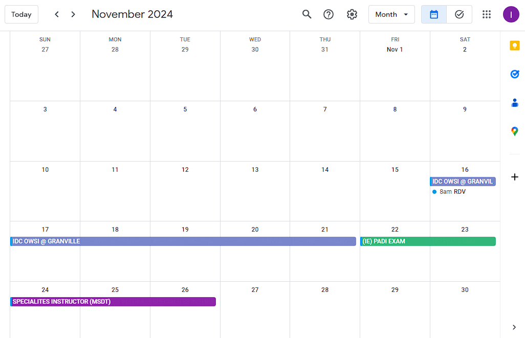planning IDC calendrier OWSI PADI France normandie bretgane formation 2024 2025